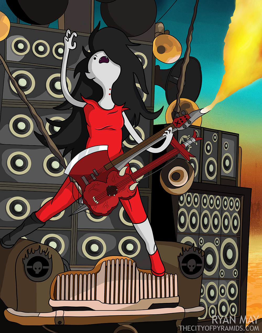 noisilyatomicpeace:  Mad Max v. Adventure Time: THE FLAMETHROWING GUITAR