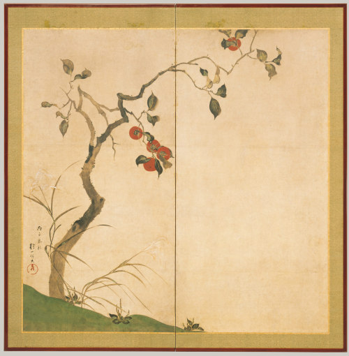 wetreesinart:Sakai Hōitsu (Japanese, 1761–1828), Persimmon Tree, 1816, Two-panel folding screen; ink