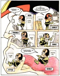 Eljackinton:  Judgeanon:  Dredd’s Head Visited, From John Wagner And Peter Doherty’s “Dumskulls”,