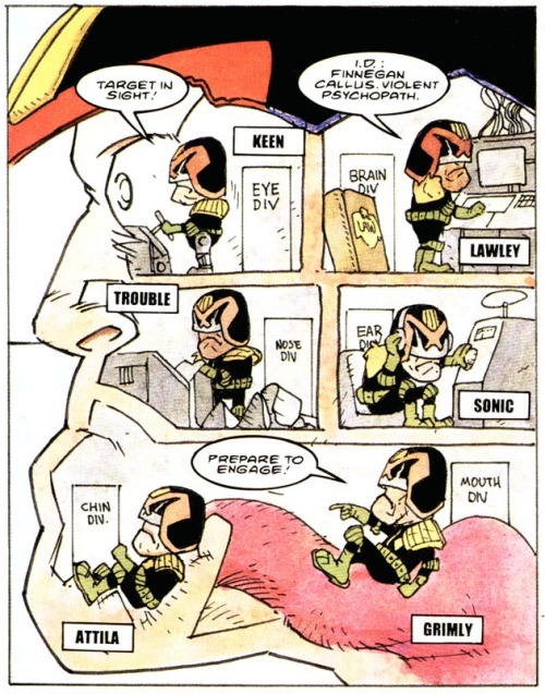eljackinton:  judgeanon:  Dredd’s head visited, from John Wagner and Peter Doherty’s “Dumskulls”, 2000AD prog 1171.   It’s weird that this is the closest thing to seeing Dredd without the helmet.