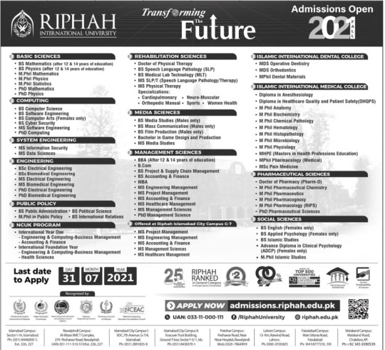Riphah International University Admission 2021 Latest Advertisement