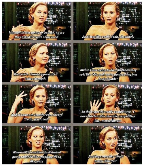 latenightjimmy:  Jennifer Lawrence learned how to bring out her inner wood-chopper.