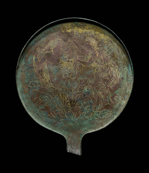 didoofcarthage:Mirror with Aphrodite and Adonis Etruscan, Late Classical or Early Hellenistic Period