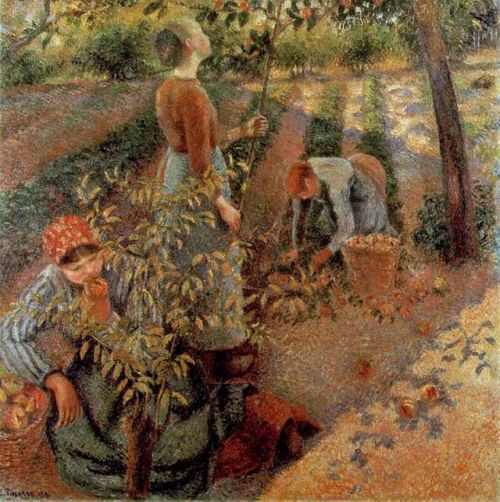 artist-pissarro: The Apple Pickers via Camille PissarroSize: 128x128 cmMedium: oil on canvas