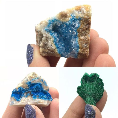 New in the shop: dreamy velveteen Shattuckite, fibrous Malachite, and glittery Dioptase from Kaokove