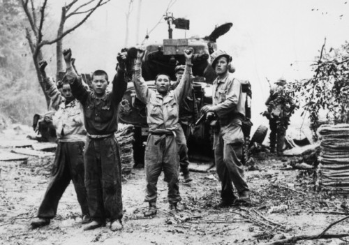 North Korean soldiers surrendering to US Marines, Korean War, 1950.