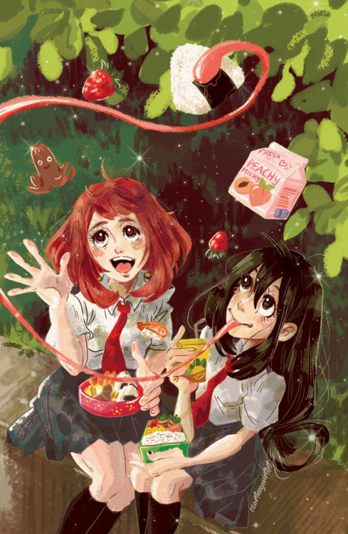 courtneywirthit:My postcard of Ochaco Uraraka and Asui Tsuyu for @coscafenyc‘s My Hero Caf&eac