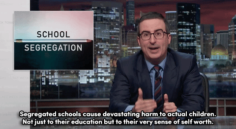 saturnineaqua:  the-movemnt:  Watch: John Oliver explains how integrating schools is beneficial to people of all races  follow @the-movemnt  if you dont want your child to get stabbed or shot, or “take a drug” then keep them far away from white schools