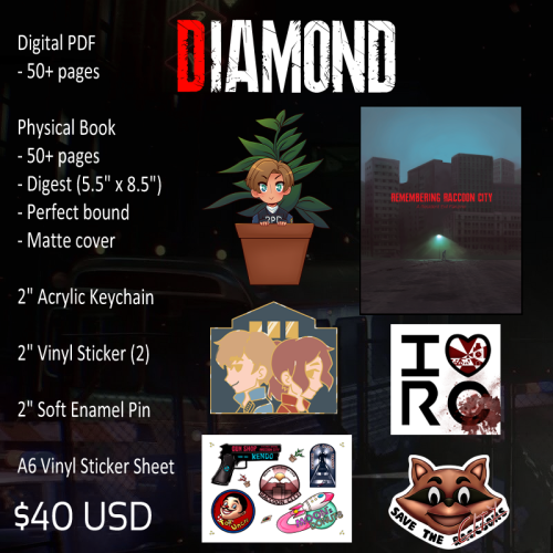 Our third tier is DIAMOND! This tier includes the full package: PDF, book, acrylic keychain, enamel 