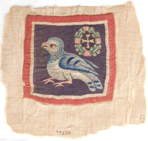 romebyzantium:Square tapestry panel in multi-coloured wool depicting a bird and a cross-within-wreat