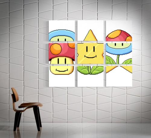 adorkable-bear:  captcreate:  odditymall:  The Mario Match Game art piece is a set of 9 canvases representing the same pieces from the actual Mario match game, a flower, a mushroom, and a star. —->http://odditymall.com/mario-match-game-wall-art 