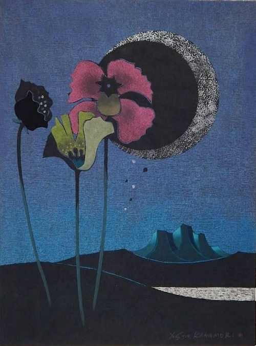 pinkstarlightcomputer:Yoshio Kanamori (Japanese 20th c.) Moon Poppy, woodcut in colors, c. 1970