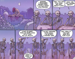 theblacklacedandy:   cognitionadrift:  theshiningd:  Yup  can i just say my favorite part about this picture is that these undead skeletons catch people fucking in their graveyard and instead of trying to eat their flesh they just go, “oh man, i remember