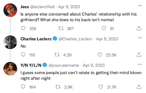 Hey Can I Request An Insta Au Where Charles Has Nail Marks On His Back And Fans And The Drivers Tease