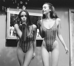 americanapparel:  Debbie and Katrina in the Printed Malibu Swimsuit and Stripe Tricot High Cut One-Piece. Spring 2012. 