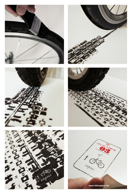 apisonadora60:   100copies New Design #21 - The Cyclist’s Empire   A celebration of New York’s rise as a cycling city. 7 different types of bicycle tyre tracks were used to create the Empire State Building, to reflect New York’s ever-growing tribe