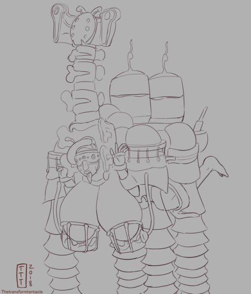 thetransformtentacleart:Commissions for Kingsfun, a pair of bound girls in mobile milking machines~