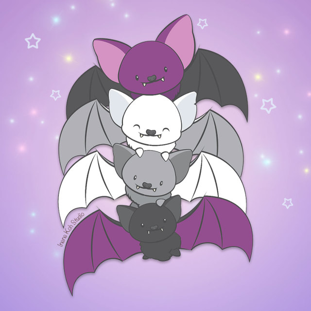 Cute illustration of 4 kawaii bats stacked together and forming an Aegosexual Pride Flag