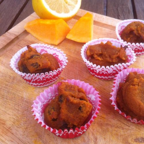 Sweet pumpkin pralines. Made with only 5 ingredients. Pumpkin, some raisins, cane sugar, rice flour 