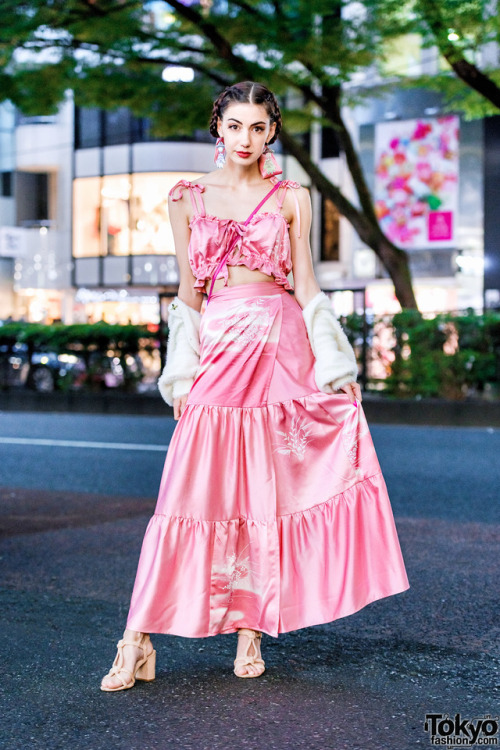 Tokyo-based Australian fashion designer Manon on the street in Harajuku wearing a matching pink ruff