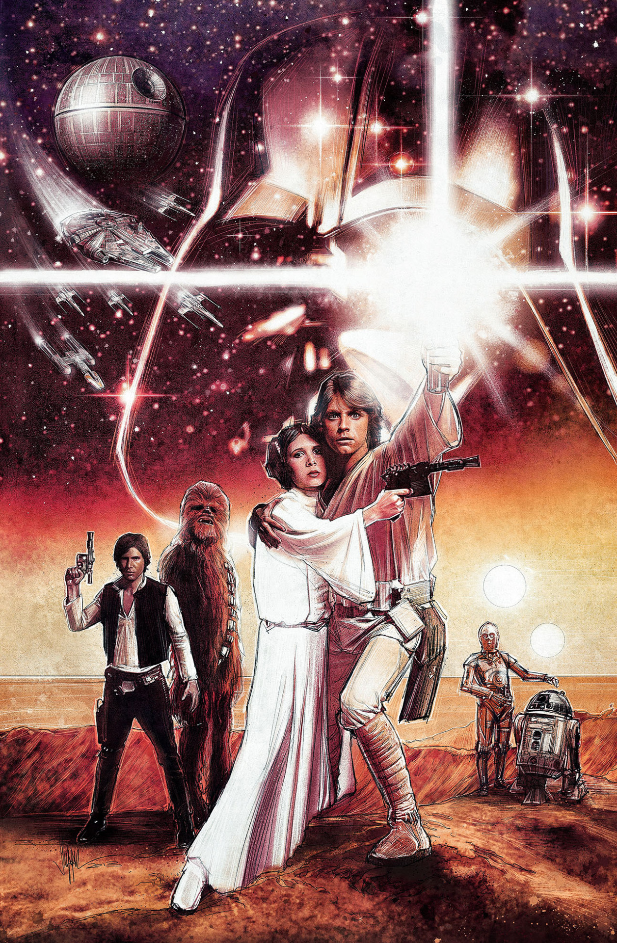 70sscifiart:
“ A “Star Wars Illustrated: A New Hope” card by Paul Shipper. It’s a reinterpretation of the original 1977 movie poster from the Hildebrandt brothers.
[blurppy]
”