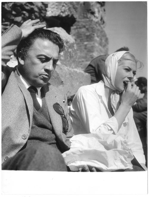 Federico Fellini and Anita Ekberg on the set of “La Dolce Vita” in 1960.