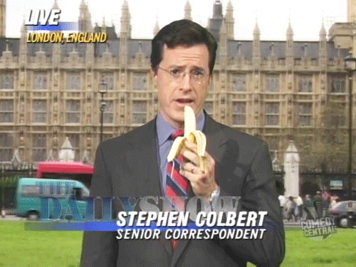 Stephen’s phallic snacks in front of the “Houses of Parliament” – fake b-roll version on The D