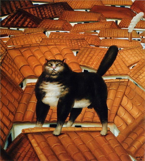 Fernando Botero aka Fernando Botero Angulo (Colombian, b. 1932, Medellín, Colombia) - Cat on a Roof,