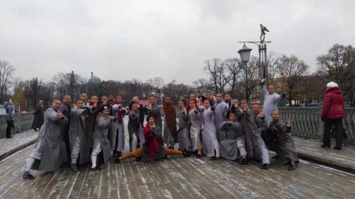 Shaolin warrior monks traveling with Kungfu show in Saint Petersburg Russia.The first of November,