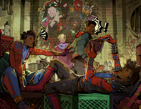 Fanart depicting Pavitr Prabhakar, Hobie Brown, Miles Morales and Gwen Stacy from Across the Spider-Verse, hanging out in Miles' graffiti hideout spot.