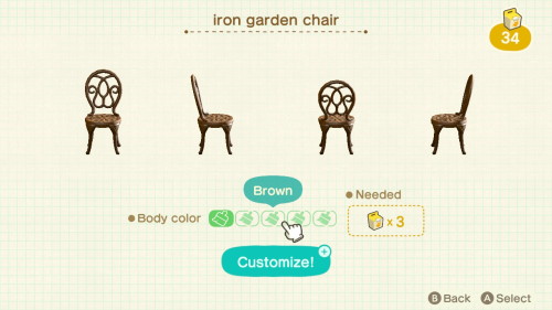 Item: iron garden chair# of customizations: 5Customization names: green, blue, brown, black, whiteCu