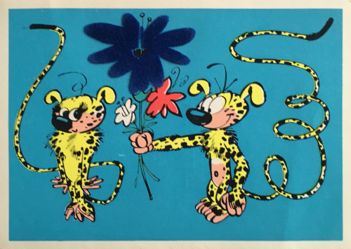 geritsel:André Franquin - Rare, partly felt-clad postcards with Spirou, Fantasio, the marsupilami, S