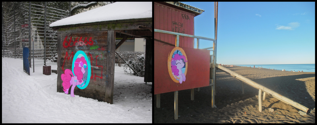 nightguardmod:  drawponies:  Pinkie Pie portals around the world by M99moron Here