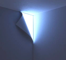 theleoisallinthemind: The Peel Wall Light by Tokyo-based design studio YOY is a striking lamp that fits into the corner of a room and looks like light is peering through as wallpaper peels off. 