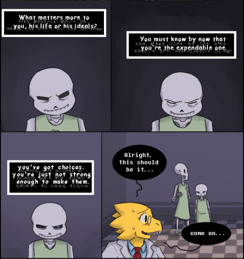 zarla-s:  [Previous]Uh oh.Sans is going over every cruel thing Gaster’s done to them while in the elevator, but the four specific things are:-How Gaster showed them the plates were tracking devices.-Gaster asking him how far he’d go to protect his