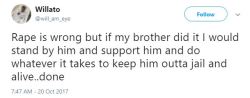 the-real-eye-to-see:    Nope. Blood or not. If I had a brother and knew he did something so vile, I would be the first one in line at the PD to report him.  “Rape is wrong but” should never be a statement. It’s wrong.    Stop trying to tell our