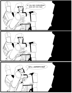 constantscribbles:  Megatron’s Face of Neutral Displeasure Inspired by that fantastically memeable scene from Fresh off the Boat, Megatron has a message for Starscream. Please do not repost without permission or remove/edit the caption. Commissions