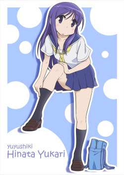 yatsuhashi:  Gelbooru- Image View - bag cabura 50 character name highres hinata yukari long hair open mouth purple eyes purple hair school uniform serafuku shoes socks yuyushiki | 1894333