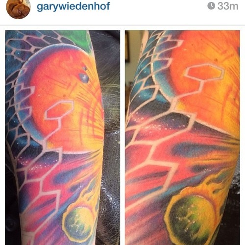 Started to add the colour today! #regram #sleeve #spacetattoo #tattoo #colortattoo #colourtattoo #ge