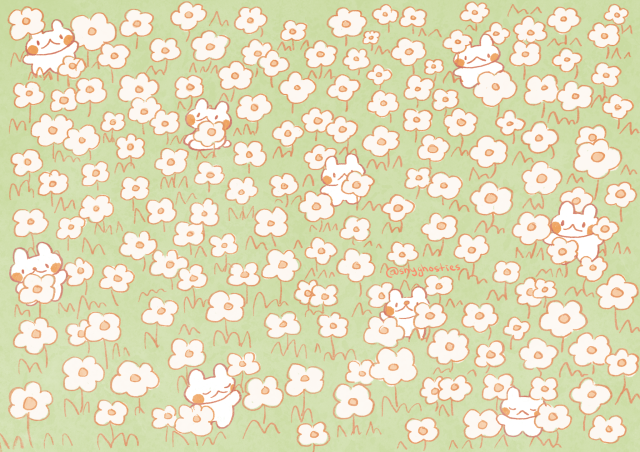 a digital painting of a green field full of white flowers. There are little bunnies with orange cheeks hiding among the flowers.