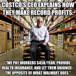 proudblackconservative:  runningrepublican:   It’s amazing that people try to compare the two. When you’re essentially in an apples and oranges situation.  Wal-Mart is a retail store while Costco is a wholesale store. This means that the businesses