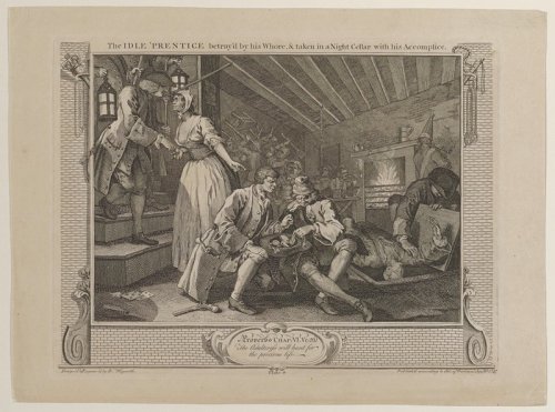 The Idle Prentice Betrayed by his Whore and taken in a Night Cellar with his Accomplice, William Hog