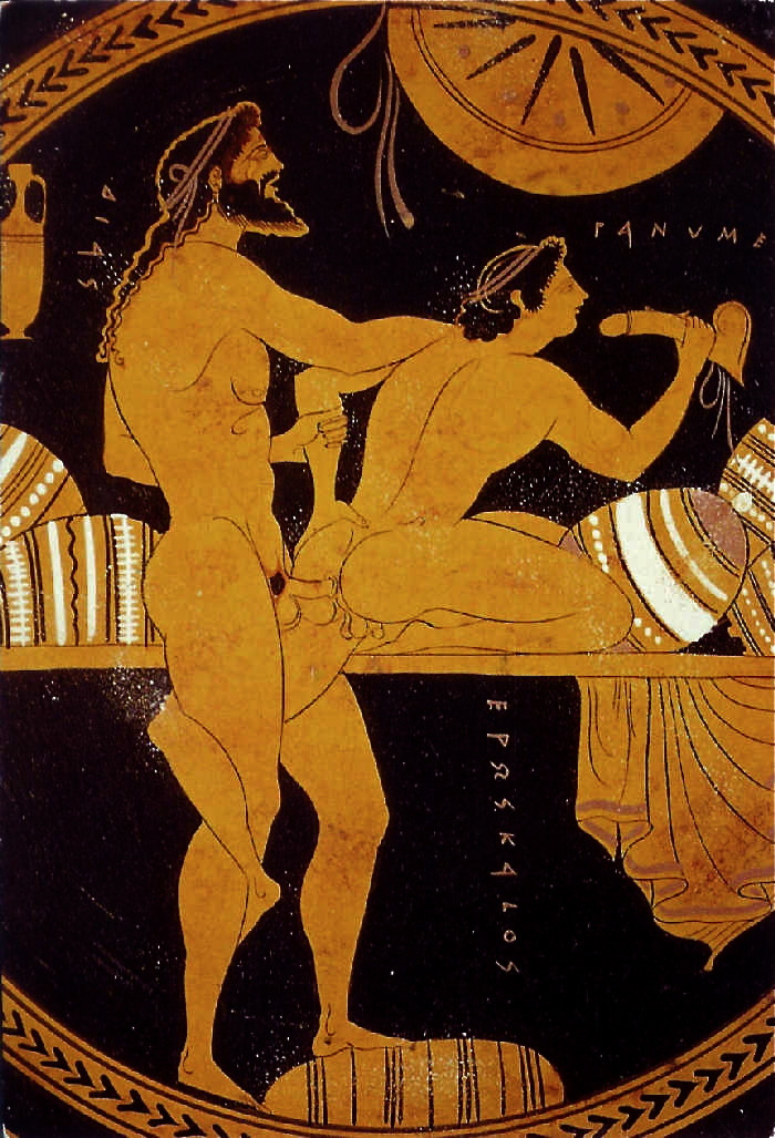 n2hotandclassymen:templeofposeidon:  Greek Red-Figure Cup, Attic, circa 450 BC Orgy