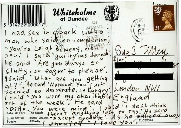 luz-natural:  Public Sex as Charitable act, postcard from Leigh Bowery to Sue Tilley