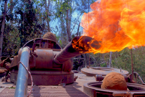 vietnamwarera:  Napalm being fired from an M132 flamethrower track, 1967. Photographer by Co Rentmeester. 