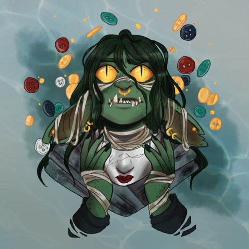 naturalfucking20: [ID: Fanart of Nott the Brave from the shoulders up. Nott is a goblin with green s