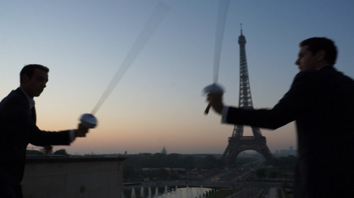 modernfencing:  [ID: two men in suits fencing with epees in Paris.]lejournaldesjo:  Gauthier Grumier and Ronan Gustin , french fencers in Paris for the Challenge SNCF Reseau in Paris