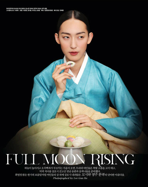 FULL MOON RISING / 청색 홍두깨 저고리와 치자 염색의 연노랑 치마와 연두색 치마는 모두 원빔 FULL MOON RISING / Blue Jeogori[jacket],