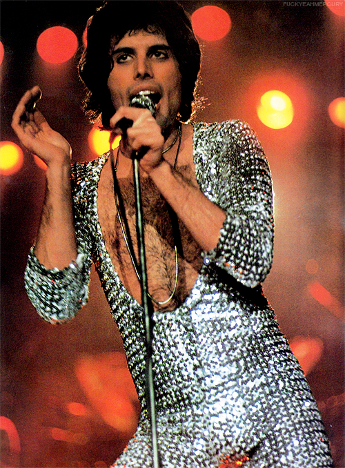 fuckyeahmercury:Freddie Mercury live on stage in a silver sequin unitard, 1977.
