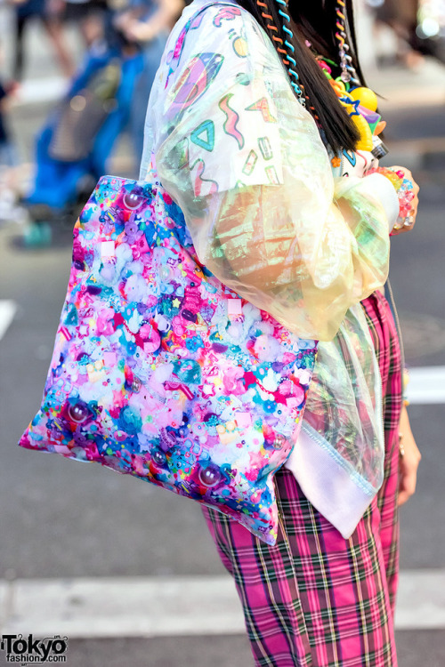 21-year-old Tokyo art school student Chami on the street in Harajuku wearing fashion from several po